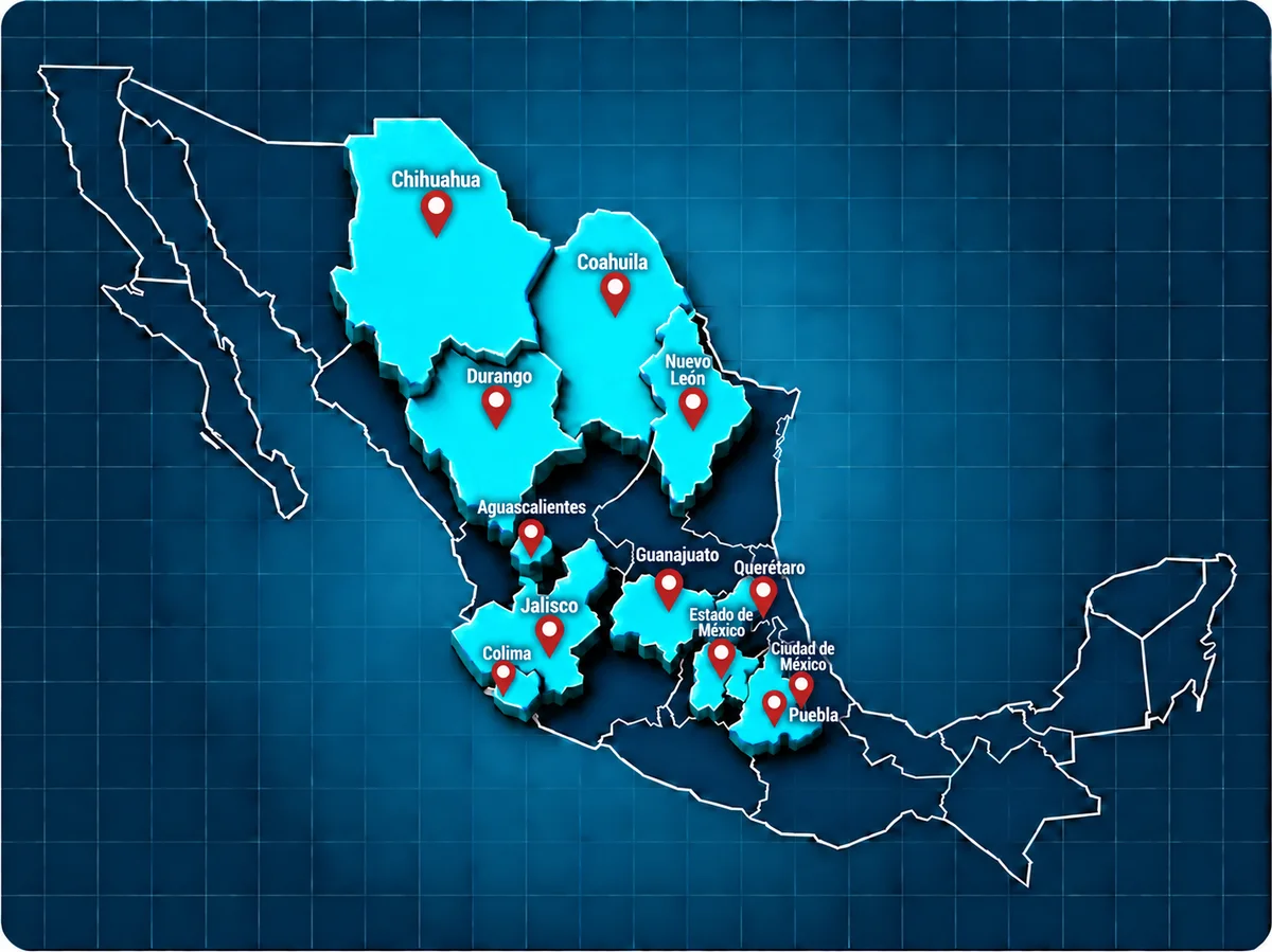 Mapa de México con los estados donde SEMMS tiene presencia: Coahuila, Chihuahua, Durango, Nuevo León, Aguascalientes, Jalisco, Colima, Guanajuato, Querétaro, Ciudad de México, Puebla y el Estado de México