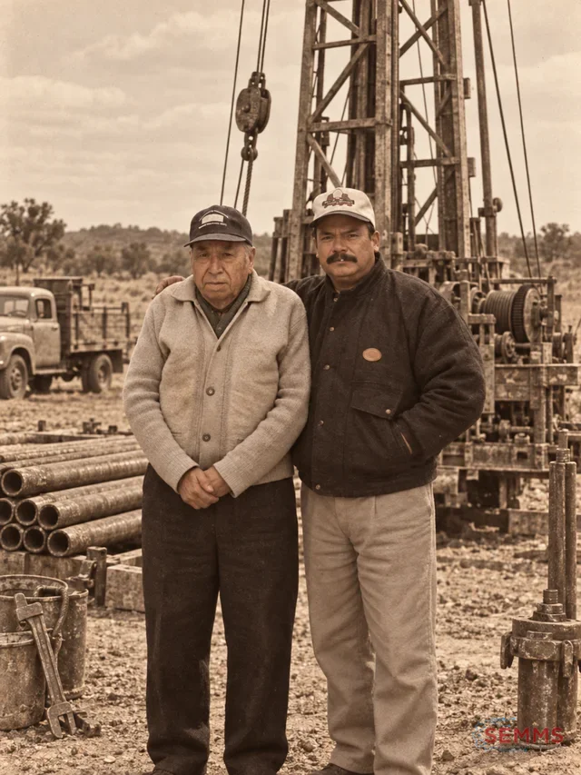 Sr. Ignacio Orozco Rodríguez y el Ing. Carlos Alberto Medrano Orozco frente a un equipo de perforación de pozos de agua